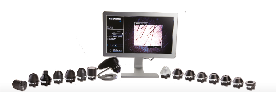 Vista delle lenti, monitor e apparecchiatura microcamera per analisi pelle e capelli,